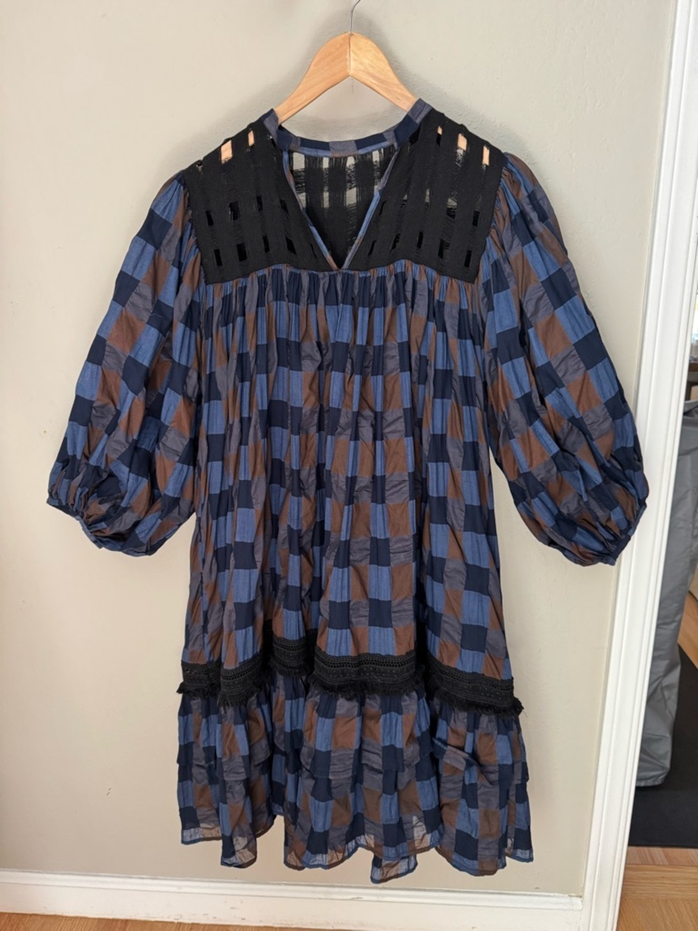 LOVE BINETTI Balloon Sleeve Blue and Brown Checkered Babydoll Dress Cotton M - Picture 16 of 16